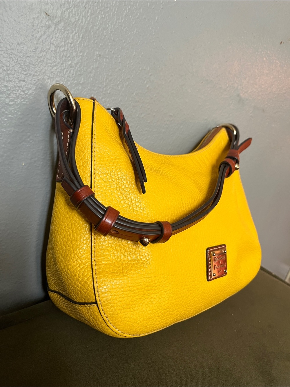 Dooney & Bourke Yellow Pebbled Leather Shoulder Bag with Brown Trim - Picture 3 of 15